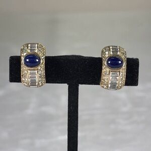 Vintage Christian Dior Oval Blue Poured Glass Cabochon Gold Hoop Clip Earrings
